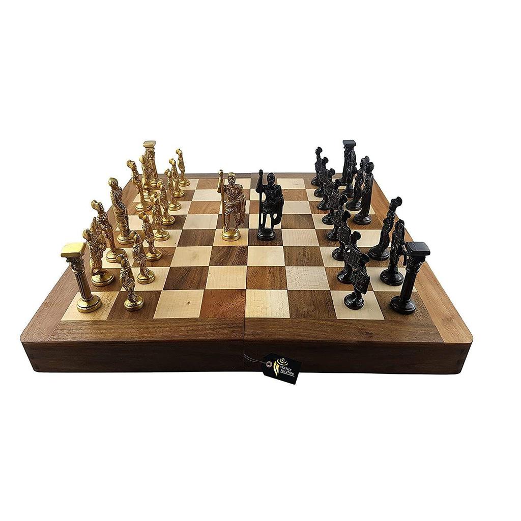 Kind Antikes Klappschachbrett aus Holz mit Schachfiguren aus Messing im römischen Stil, 2 Spieler - Bestens geeignet zum Verschenken, als Heimdekoration und zum Spielen ( Schwarz Gelb )