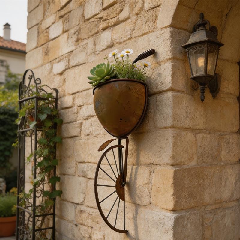 Metal Bike Wall Flower Pot with Brown Finish, Small Flower Holder for Fence Panels, Brick Walls, and Outdoor Wall Use at Home
