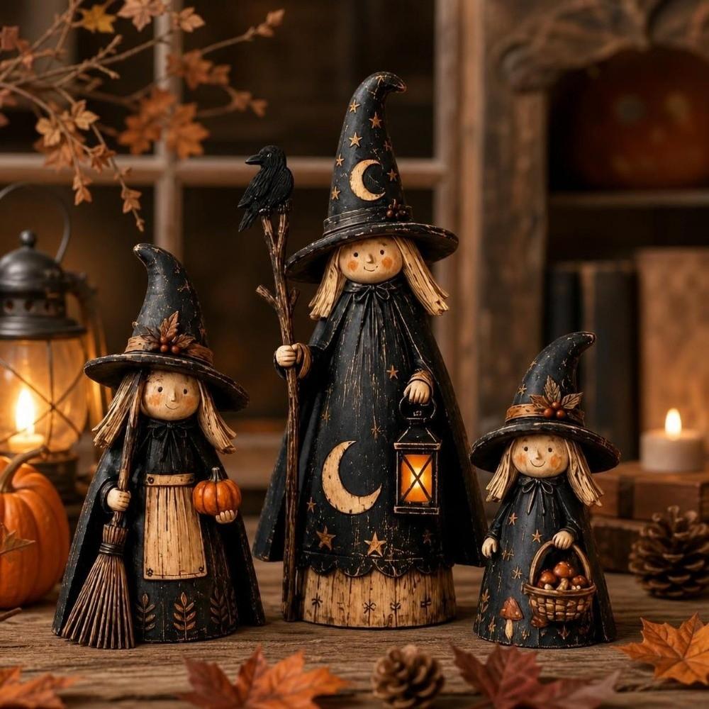 3pcs 2D Flat Crow Witch Statue Set Wooden Desktop Decoration Home Decoration