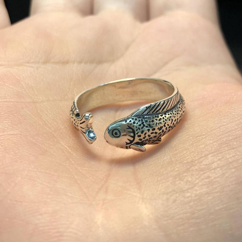 Niche Simple Fish Shaped Ring Distressed Gold Vintage Adjustable Ring Silver Alloy Retro Open Ring Unisex