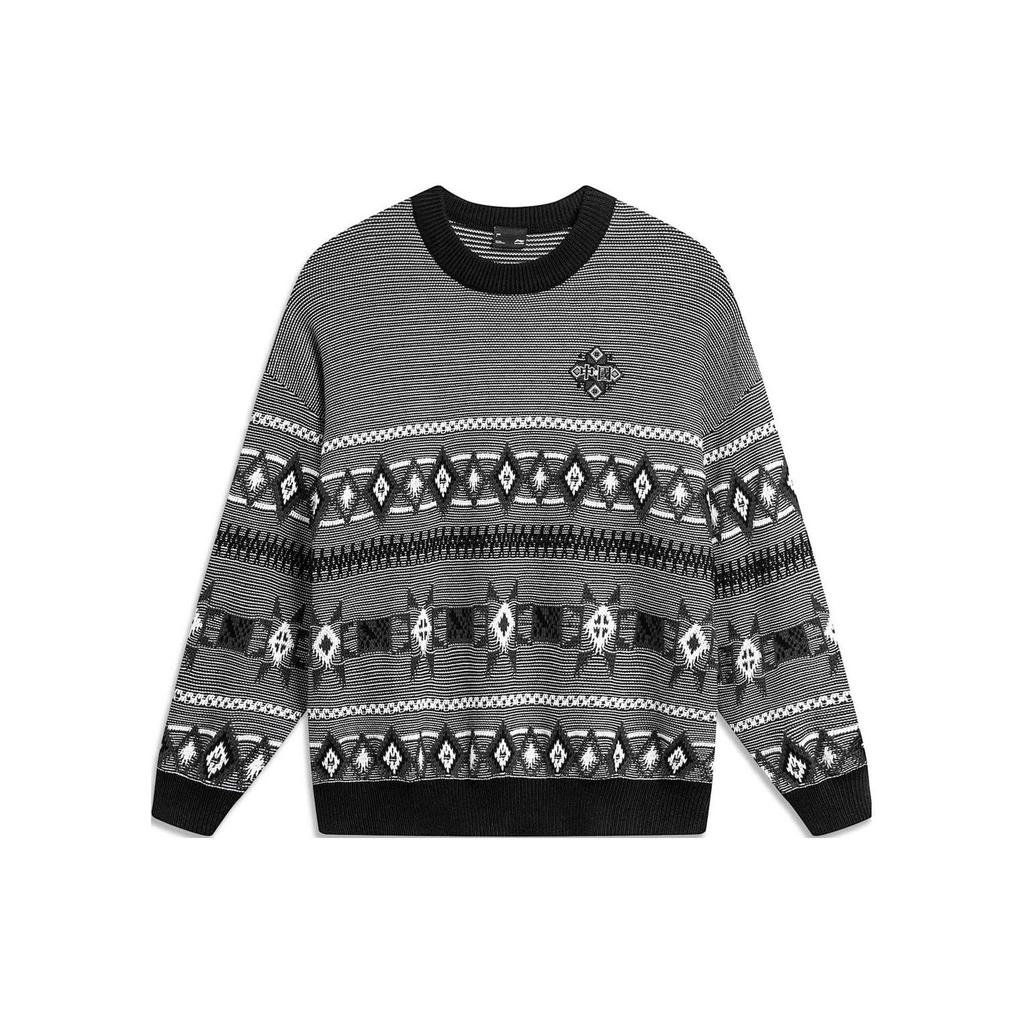 Li-Ning Full Print Diamond Color Block Round Neck Pullover Sweater Men sweater Black AMBT247-3