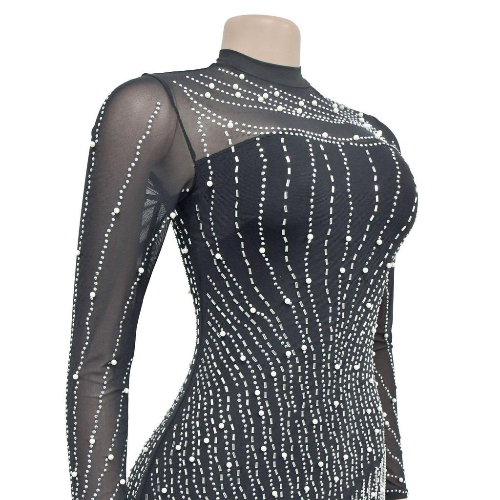 C6381 European & American Fashion Women's Long Sleeve Mesh Bubble Bead Short Dress