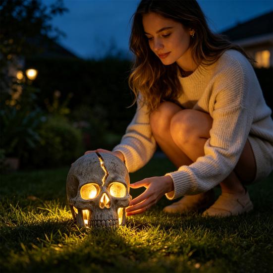Gothic Theme Garden Statues Cracked Skull Solar Light, Halloween Glowing Outdoor Yard Decor, Spooky Waterproof Easy Installation Lawn Sculptures Lamp