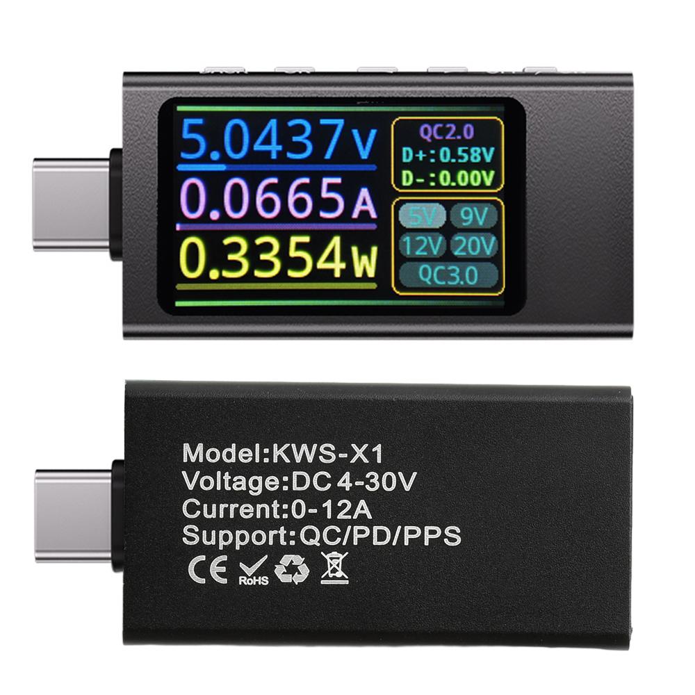 KWS-X1 Type C Voltage and Current Tester HD IPS Display Mobile Communication Terminal Fast Charge Trigger Meter DC 4-30V 0-12A