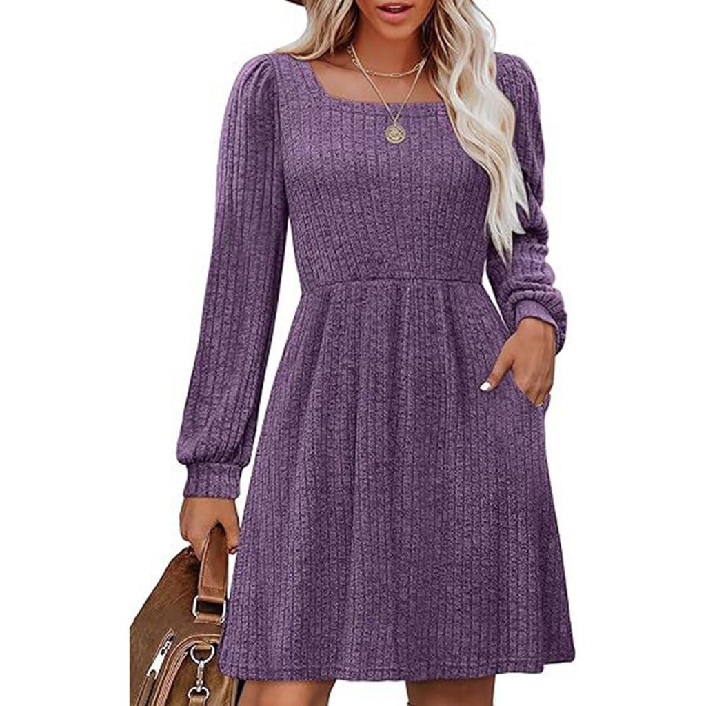 Damen-Kleid mit eckigem Ausschnitt und langen Ärmeln, lässig, süß, Strickkleid mit Taschen