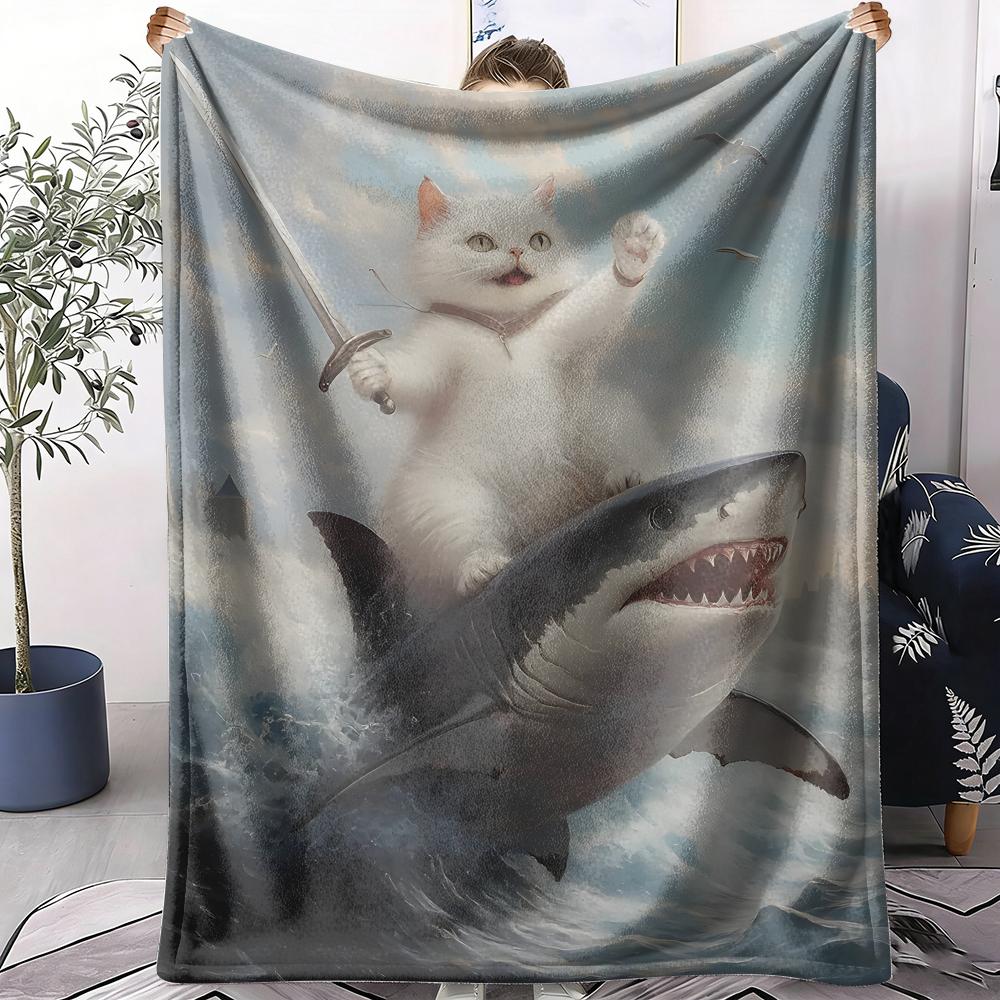 Cat Riding a Shark Throw Soft Flannel AC Blanket Lightweight Summer Nap Throw Cozy  Blanket for Sofa Bed Travel Home