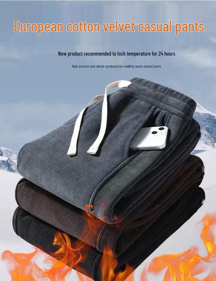 Men's European Size Corduroy Casual Winter Sweatpants with Velvet Lining