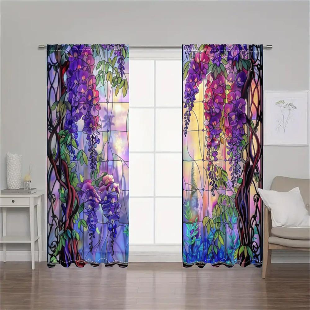 2 Stück Verträumte Glyzinien Vorhänge Buntglas Muster Wohnzimmer Schlafzimmer Balkon Sonnenschutz Kunst Gartenstil Dekor Vorhänge