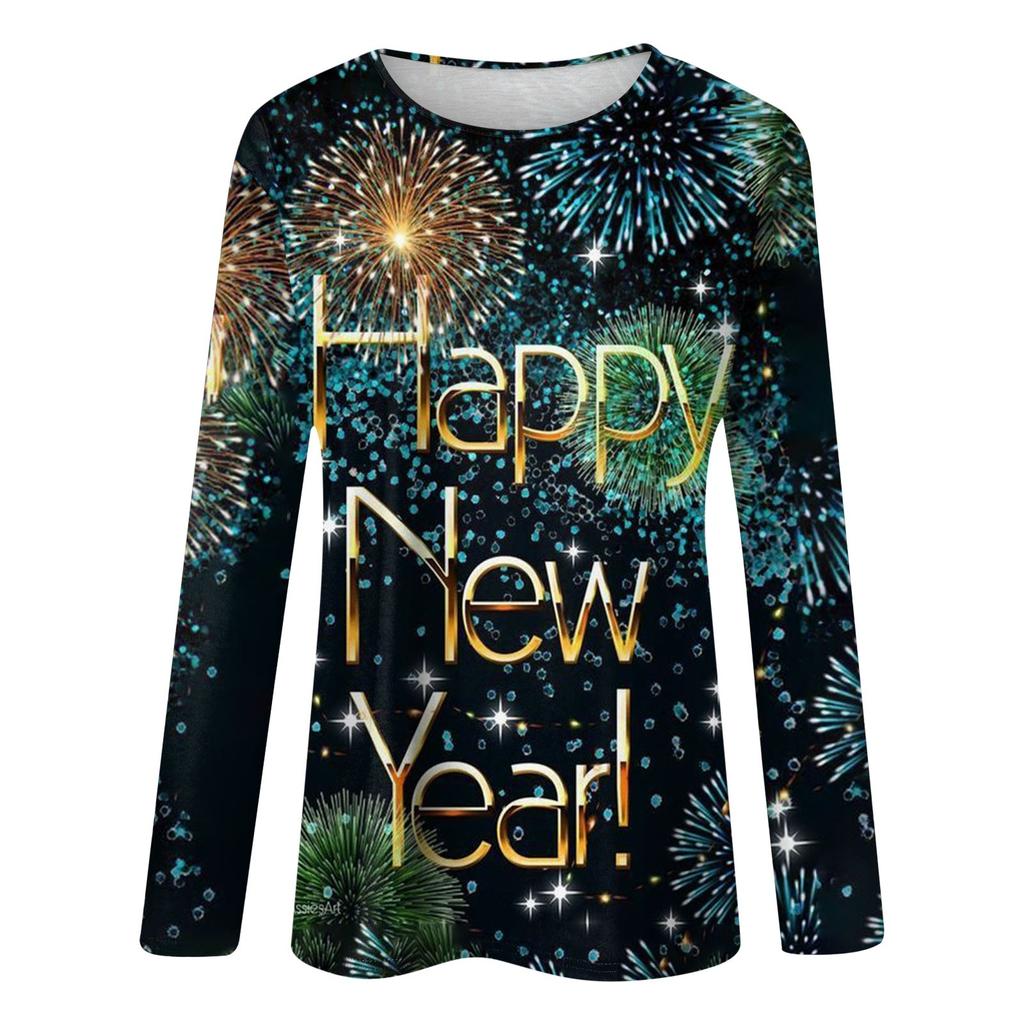 Damen Winter Rundhals Langarm T-Shirt 2024 Neujahr Bedrucktes Oberteil