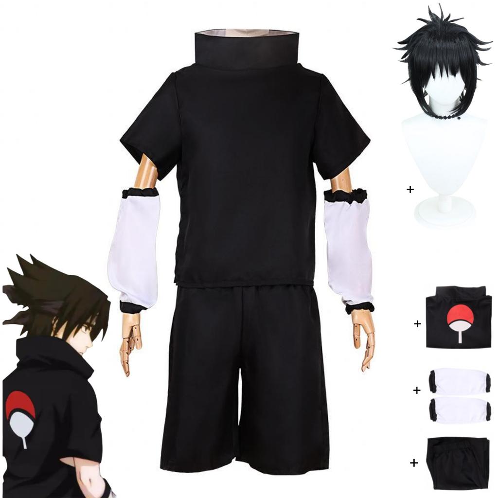 Anime Uchiha Sasuke Cosplay Costume Seconda Generazione T-shirt Nera Manica Corta Estiva Parrucca Adulto Uomo Donna Costume per Festa di Natale