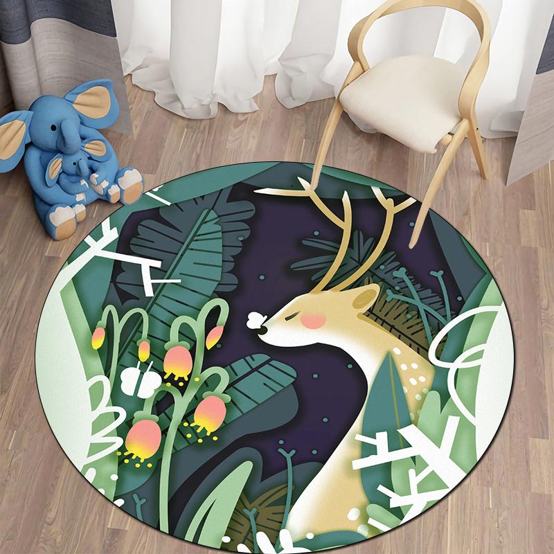 Floor Mat Living Room Rug Children's Crawling Play Area Mat Anime Carpet Door Mat Forest Fawn Round Rug