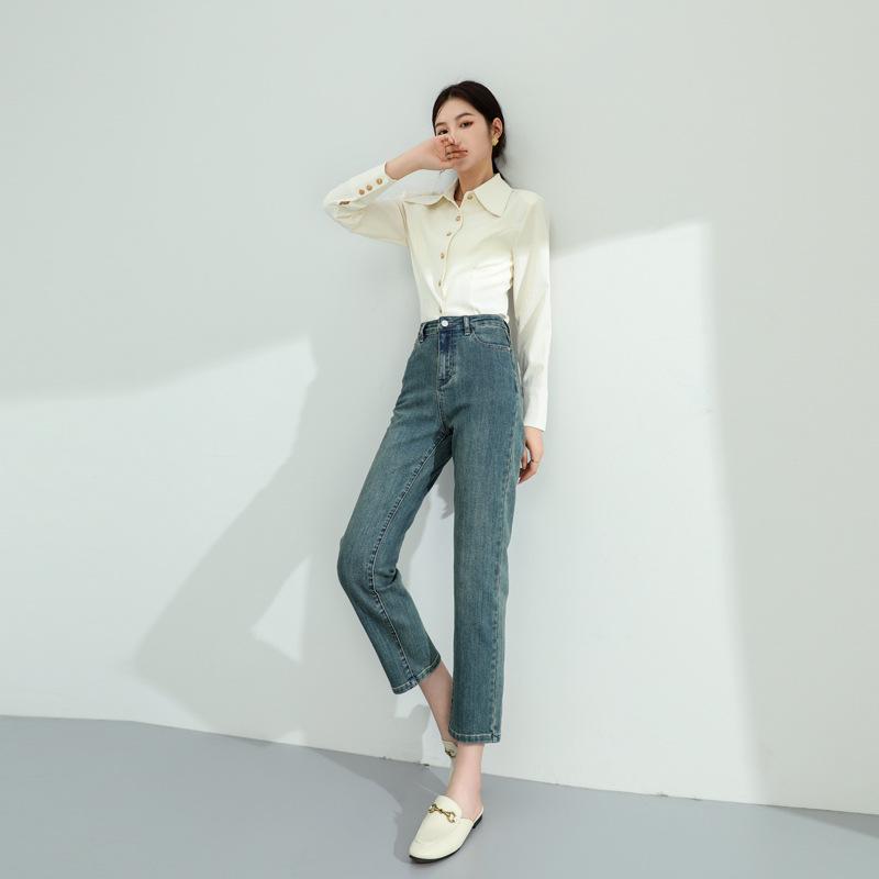 Autumn High Waist Slimming Straight Leg Stretch Jeans - Women's Soft Fabric Cropped Pants