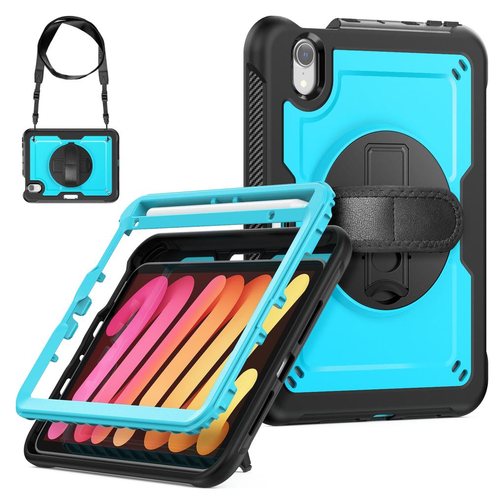 For iPad Mini (2024)/(2021) Case Kickstand PC+TPE Tablet Cover with Hand Strap and Shoulder Strap