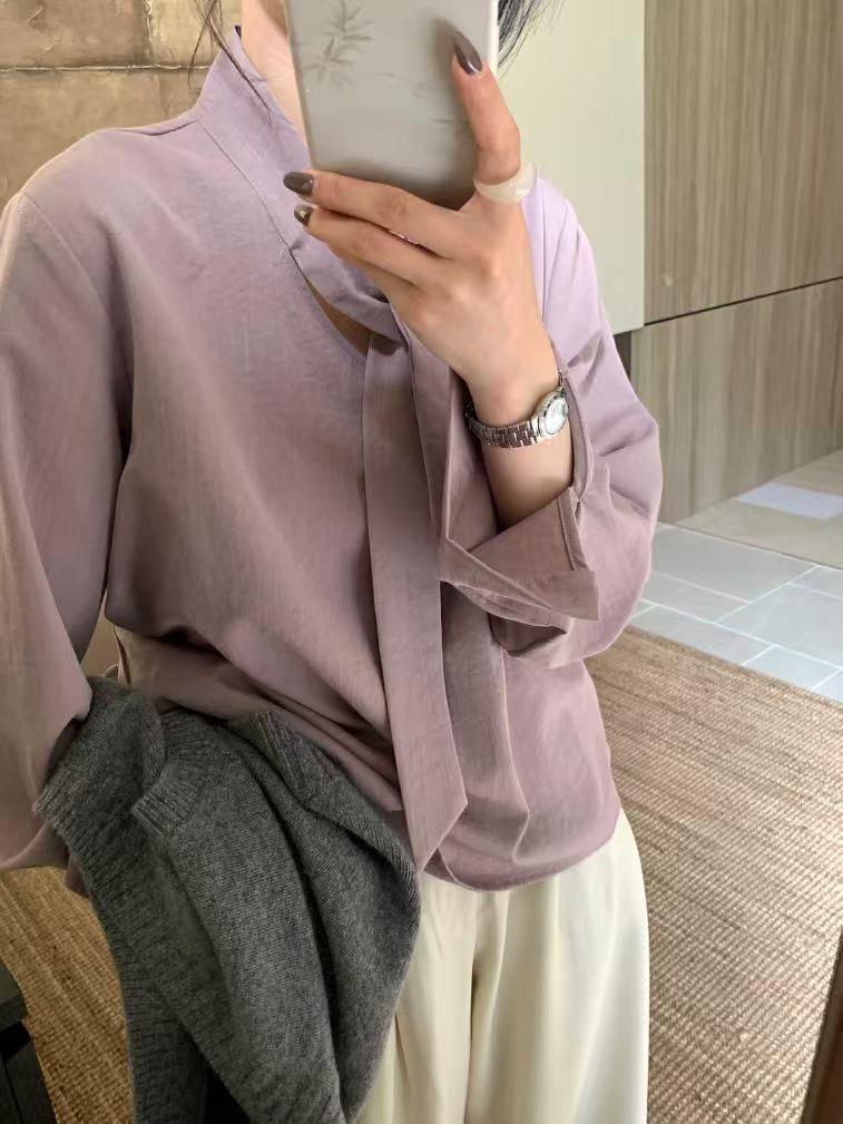 

Женская рубашка свободного кроя с воротником-стойкой и завязкой на ленте - ранняя осень в корейском стиле One Size фиолетовый