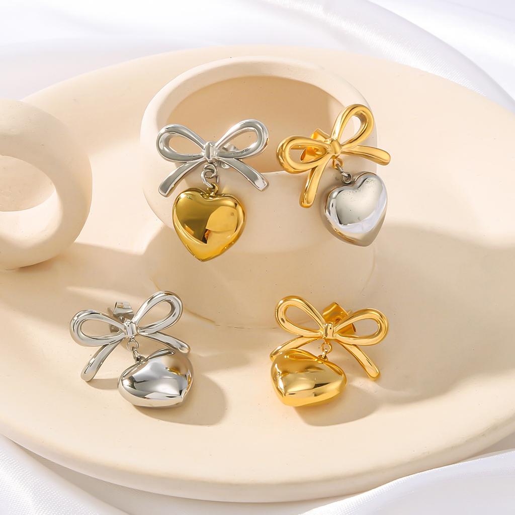 Gold Color Peach Love Drop Bowknot Earrings For Women Stainless Steel Stud Ear Accessory