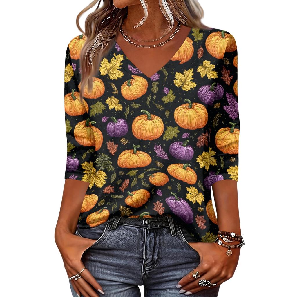 Women's Fashion Casual Halloween Print V-Neck Three-Quarter Sleeve Top