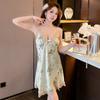 Spring and Summer Ladies Pajamas Printed Lily Ice Silk Pajamas Sexy Lace Suspender Loungewear