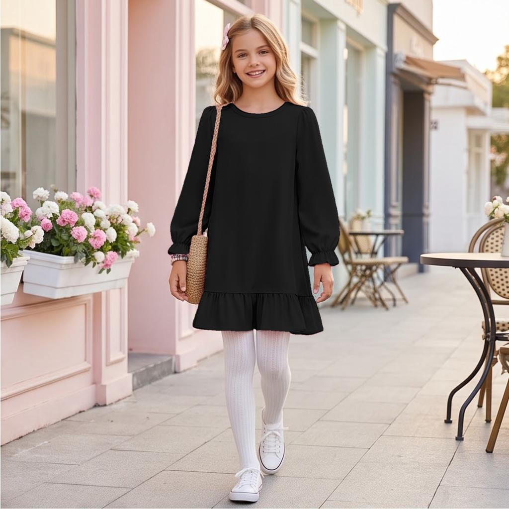 Lässiges Rüschenkleid für Mädchen, Bequemes Farbkleid für Frühling und Herbst zum täglichen Tragen