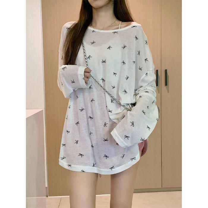 

Women s Sheer Bow Print Long Sleeve Sun Protection Top - Spring/Summer Casual Cover-up Extra Large білий
