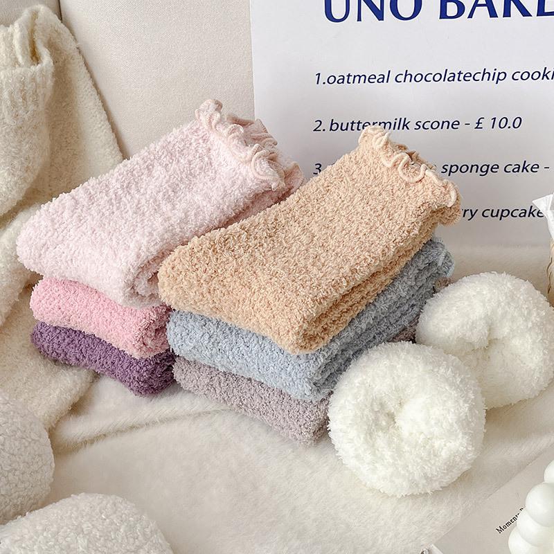 Fungus Edge Coral Fleece Socks Women'S Winter Warm Feet Thickened Warm Medium Tube Home Floor Socks Lace Solid Color Women'S Socks