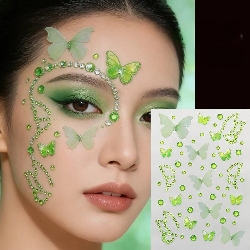 1Sheet Color Butterfly Face Stickers Children Eyes Facial Makeup Butterfly Face Gem Decals Crystal Round Diamond Tattoo Stickers