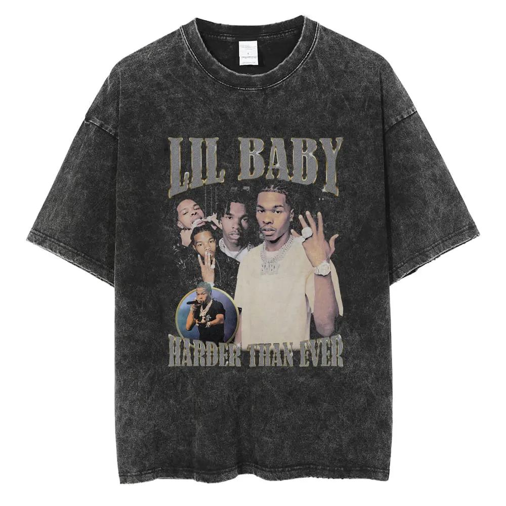 Rapper Lil Baby Wham World Tour Maglietta Lavata Vintage Uomo Donna Moda Casual Maglietta Retrò Hip Hop Magliette Oversize