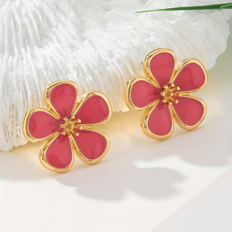 

Vintage Colorful Drip Glaze Enamel Flower Stud Earrings for Women Elegant Sweet Petal Earrings Engagement Zircon Gift розовый