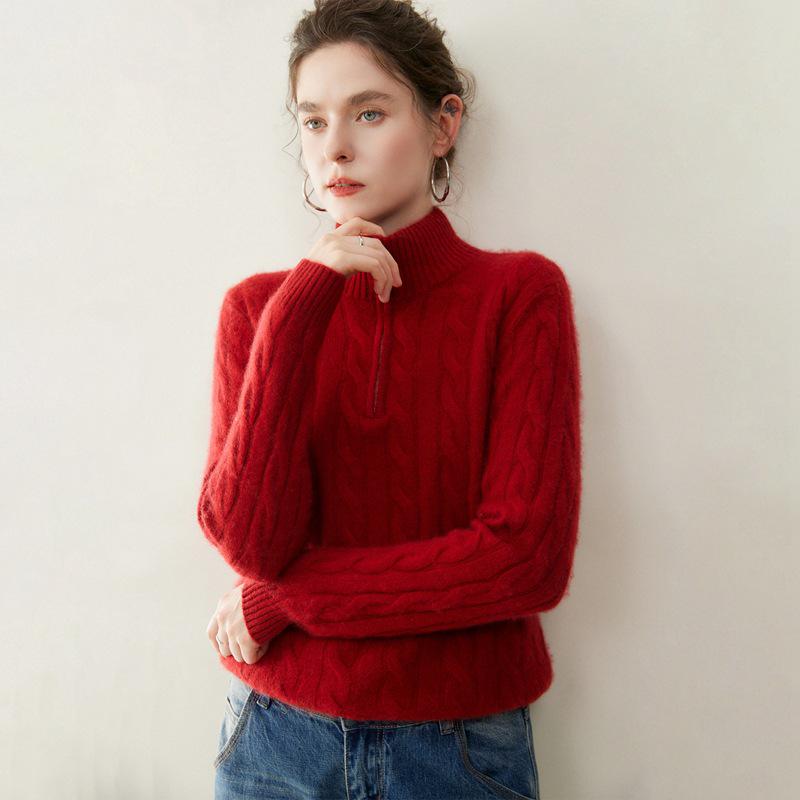Women's Cashmere Knit Base Layer: Korean Style, Semi-High Neck, Long Sleeves, Half-Zip, Full Body Cable Knit Design. Fashionable & Versatile.