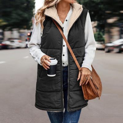 Mujer Otoño Invierno Chaleco Reversible Abrigo Con Capucha Sin Mangas Forro Polar Chaqueta Color Sólido Chaleco De Longitud Media Ropa De Abrigo Larga Y Cálida
