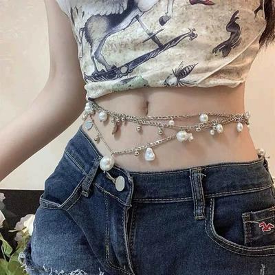 Damen Taillenkette Mehrlagig Kunstperlen Quasten-Design Gürtelkette Jeans Röcke Kleider Vielseitiges Accessoire