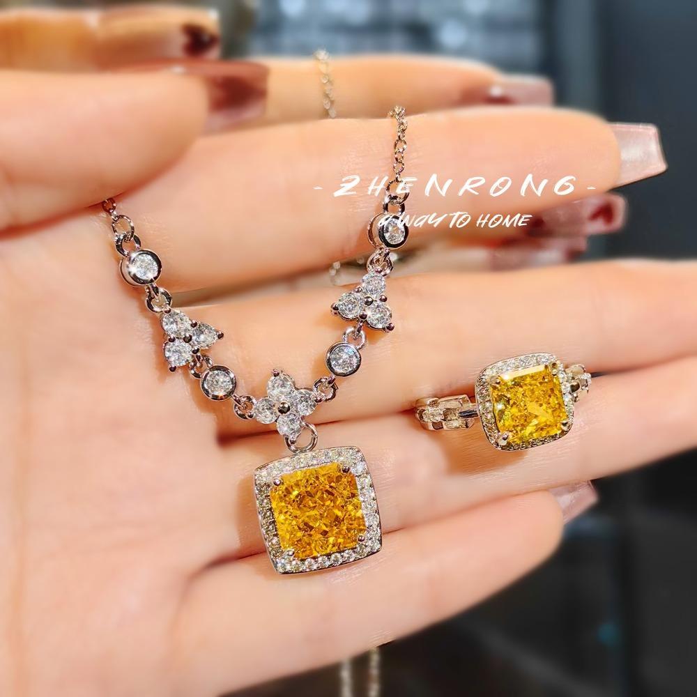 French Luxury Women Jewelry Set with High Carbon Diamond Chinese Red Necklace and Ice Cut Yellow Diamond Ring