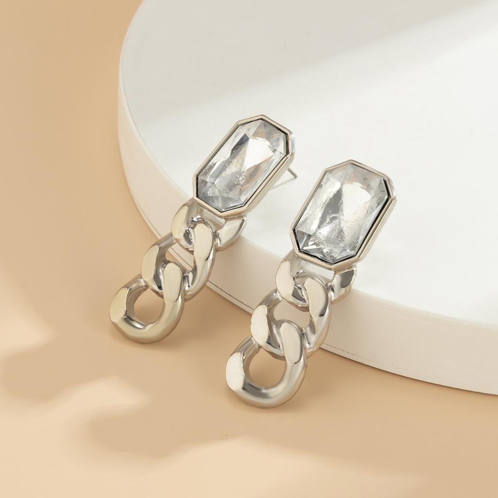 Temperament Simple Color Imitation Gemstone Stud Earrings Women, Retro Personalized Metal Chain Earrings