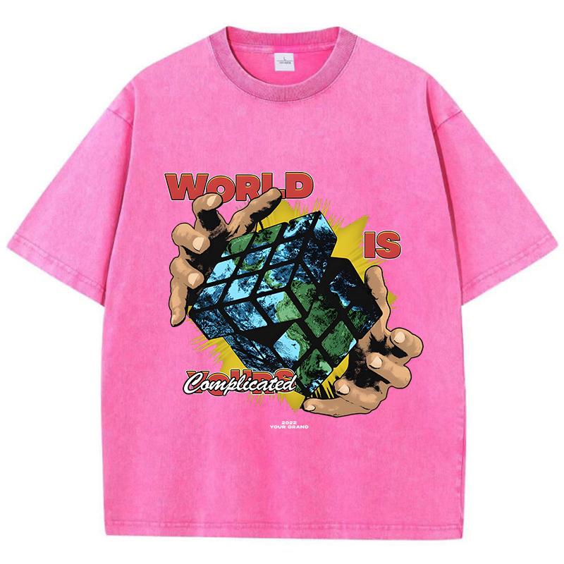 Casual Womans Acid Wash T-Shirts World Is Complicated Cube Prints Tops Crewneck Oversize Cotton Tee Shirts Trend Clothes