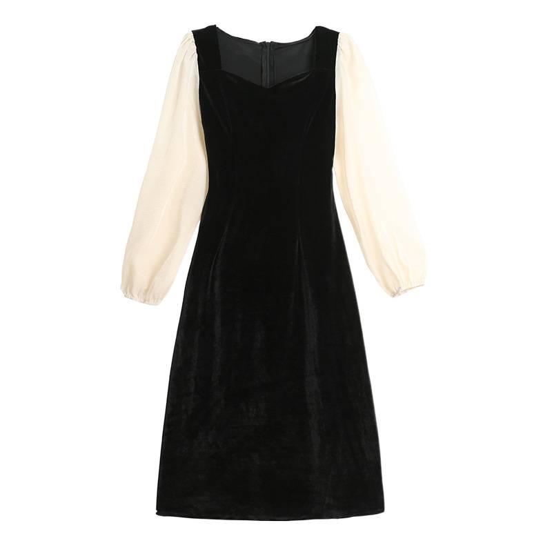 Autumn V-neck Velvet Patchwork Lantern Sleeve Floor-length Cinched Waist Retro Hepburn Dress