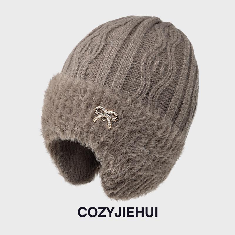 New Winter Knitted Hat Women's Fleece Thickened Autumn and Winter Wool Hat Mother Warm Ear Protection Hat Riding Windproof