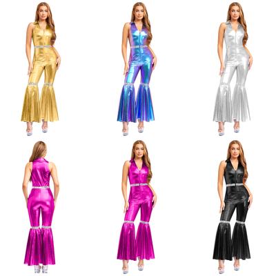 70s Disco Party Romper - Dámský overal s klopami, výstřihem do V, flitry, kalhotami do zvonu a předním zipem