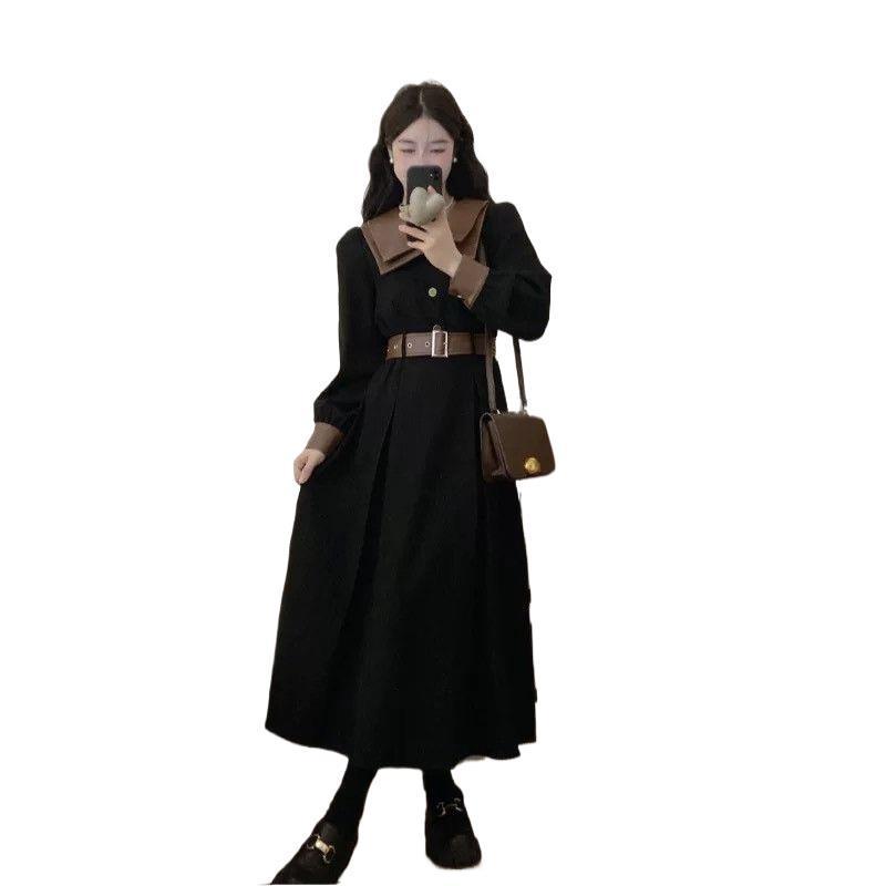 Plus Size Color Block Velvet Corduroy Dress - Retro Long Sleeve, Waist-Cinched Skirt for Autumn/Winter