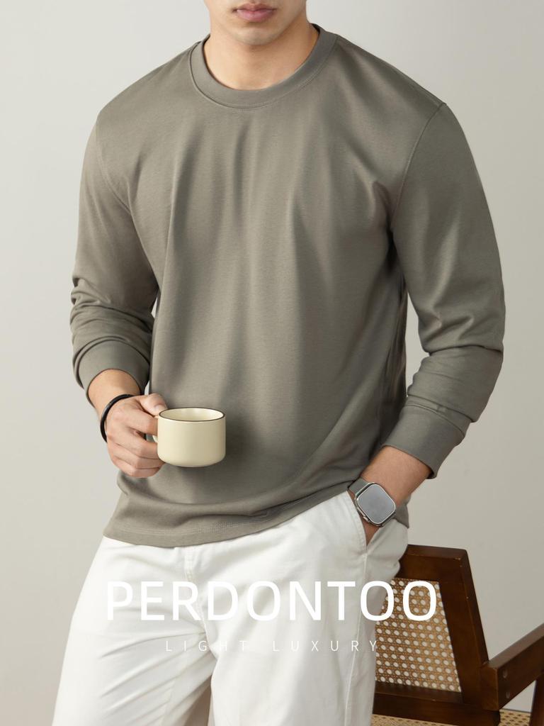 Men's Autumn/Winter Long-Sleeve Crew Neck T-Shirt - 320G Heavyweight Xinjiang Long-Staple Cotton, Loose Fit, Solid Color