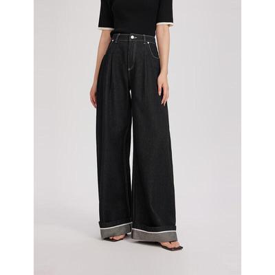 Women's French Style Black High-Waist Wide-Leg Jeans