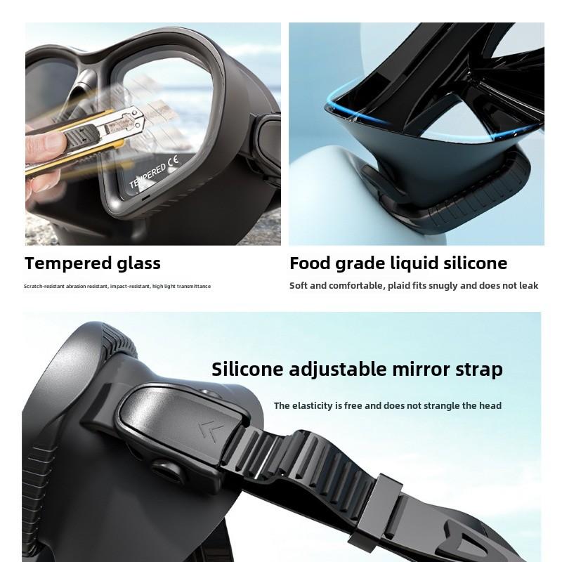 Schnorchelmaske, Schwimmbrille, Tauchen, Silikonrock, gehärtetes Glas, weites Sichtfeld, Training mit Nasenschutz, verstellbarer Riemen