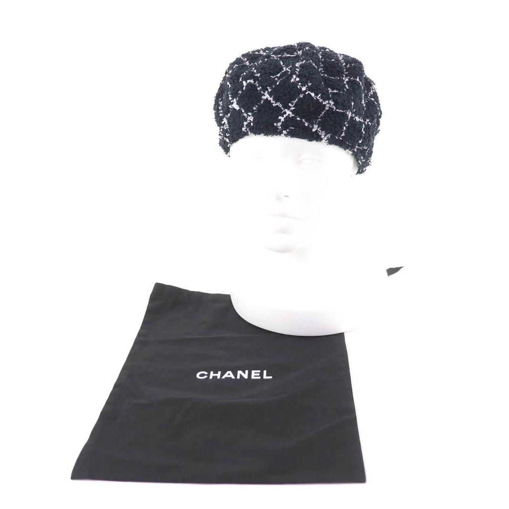 Great CHANEL beret COCO Mark lattice pattern tweed black cotton Women M 19C Used