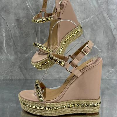 Women's Summer Gladiator Wedge Heel 12Cm Woman Leather Sandals Shoes Platform with Gold Rivet Buckle Ankle Strap   Sandal Shoes