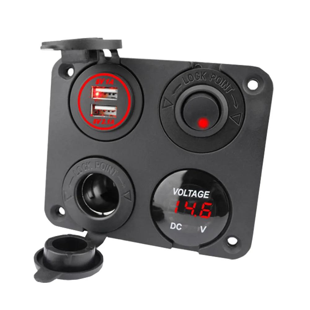 4 In 1 Switch Panel Waterproof Digital Voltmeter 12V Power Car Dual Usb Charger Socket Cigarette Lighter With Rocker Switch
