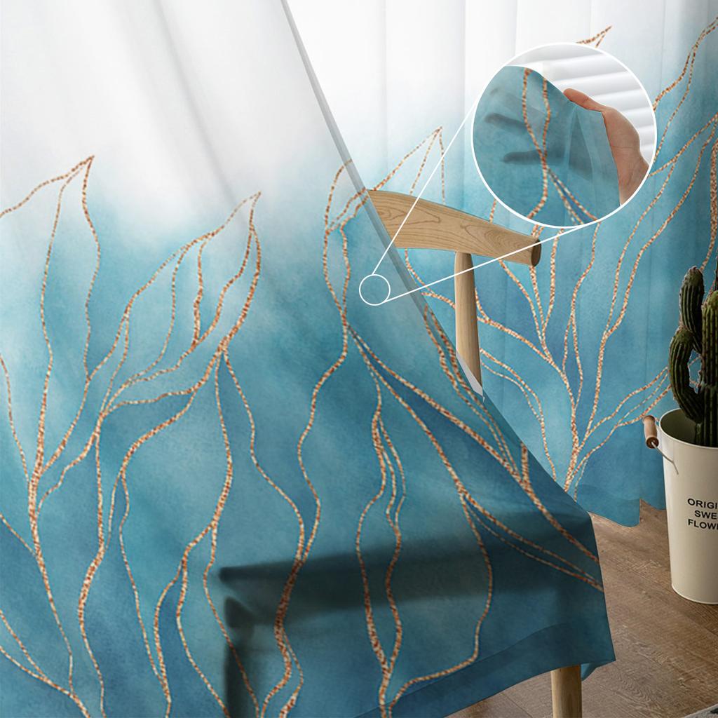 Geometric Abstract Gradient Leaves Teal Voile Sheer Curtains Living Room Window Tulle Curtain Kitchen Bedroom Drapes Home Decor