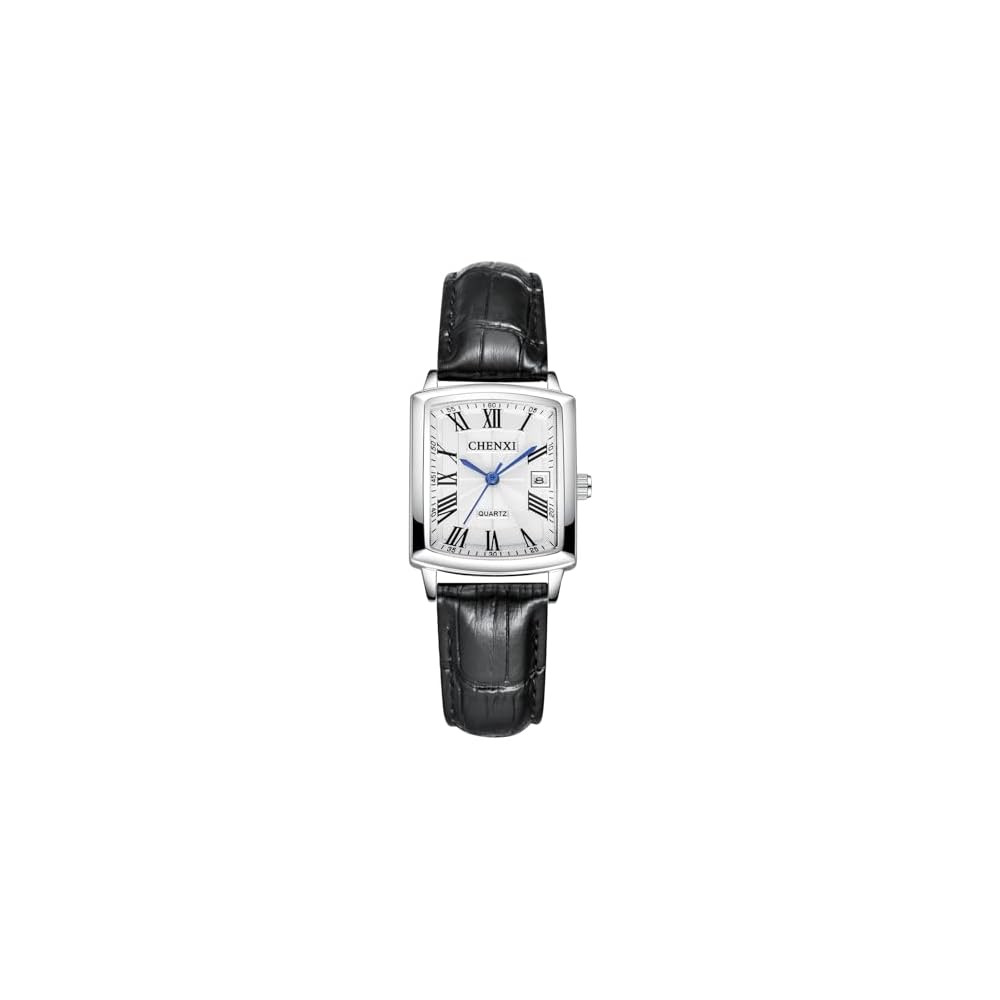 Women s Analog Quartz Watch with Leather Band Calendar Waterproof Antique Square Silver Black