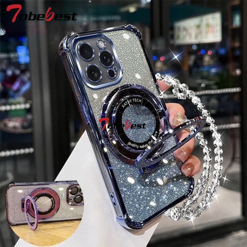 Shockproof Glitter Plating Crystal Bracelet Magsafe Phone Holder Case For iphone 16 15 14 13 12 11 Pro XS Max XR 8 7 Plus Cover