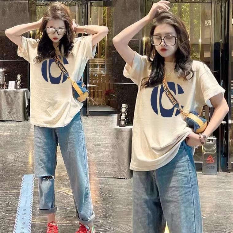 

Топ 2025 новая хлопковая футболка с коротким рукавом женская летняя средней длины и длинная большого размера свободная футболка с принтом ns tide M абрикосовый