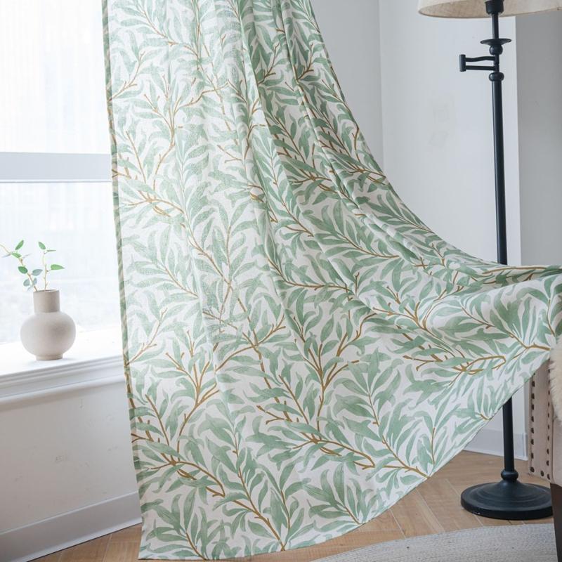 

American Style Home Semi-blackout Curtain Finished Green Plant Print Window Kitchen Drape Bedroom Decoration Valance W150 x H160cm&Threading Rod
