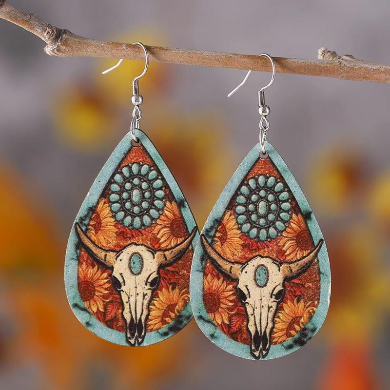Wassertropfenohrringe, Kuhkopf-Druckdekoration, Retro-Stil, Holzmaterial-Temperament, für Bankette, Party-Eleganz