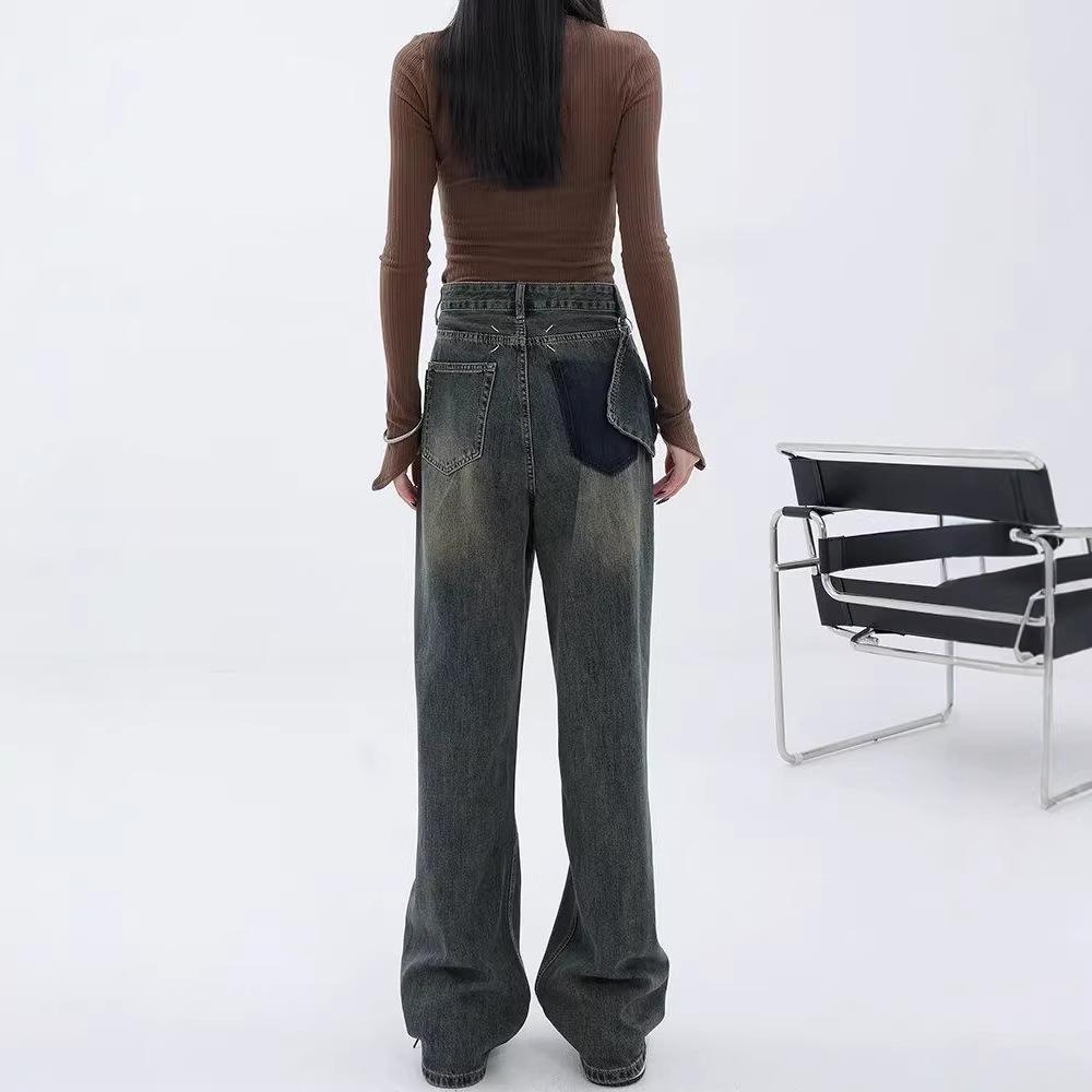 2025 Autumn/Winter Distressed High-Waisted Straight-Leg Women's Wide-Leg Jeans